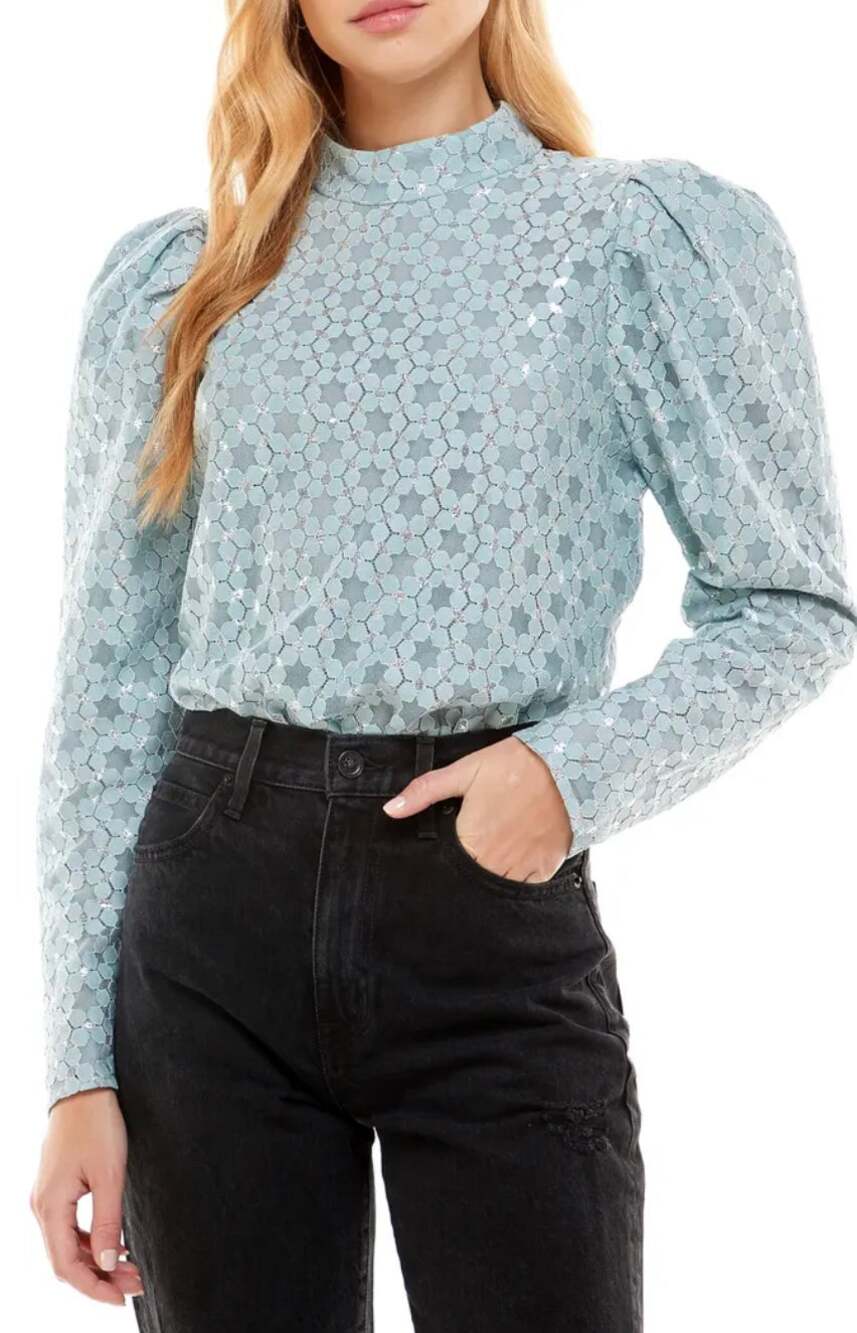REVOLVE WAYF Lace Puff Sleeve Top Powder Blue XS